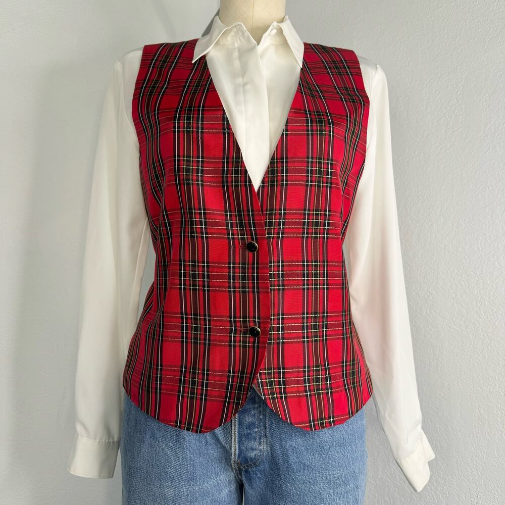 Vintage Red Tartan Plaid Faux Vest Blouse White Collared Waist Tie Size Small